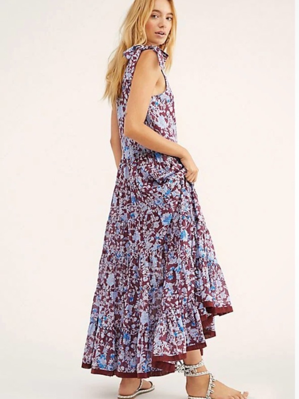 Free People Plum Floral Maxi Dress with Light Blue Flowers - Picture 2 of 7